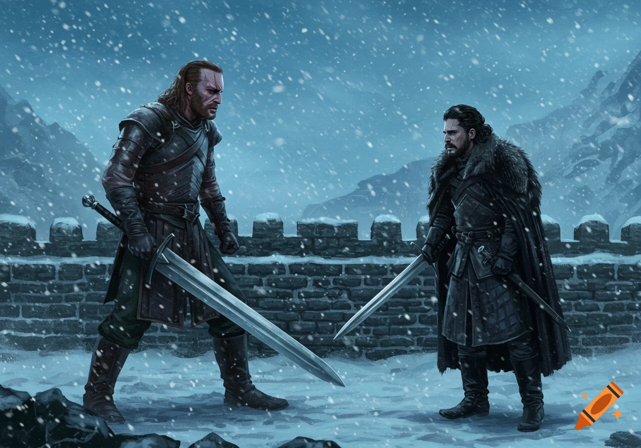 Illustration of Jon Snow and The Hound facing each other with swords on a snowy fortress wall, mountains in background.