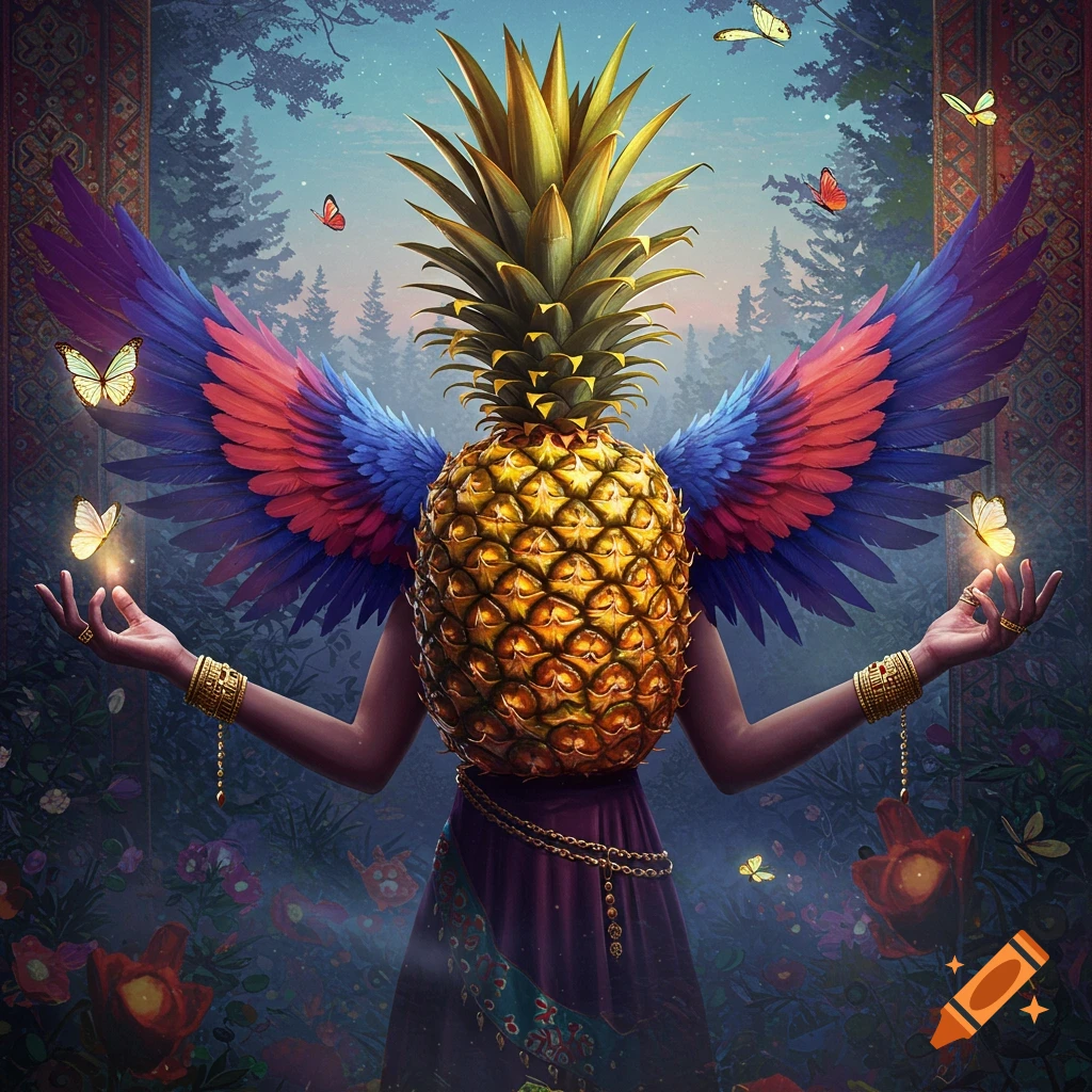 A surreal figure with a pineapple body and head, vibrant red and blue wings, stands in a forest, holding glowing butterflies.