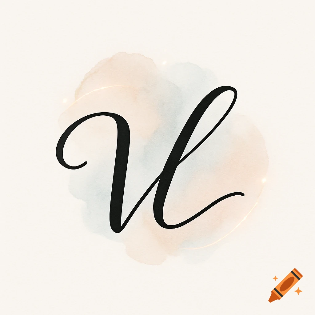 Black calligraphic letter V on a soft watercolor background with gold sparkles.