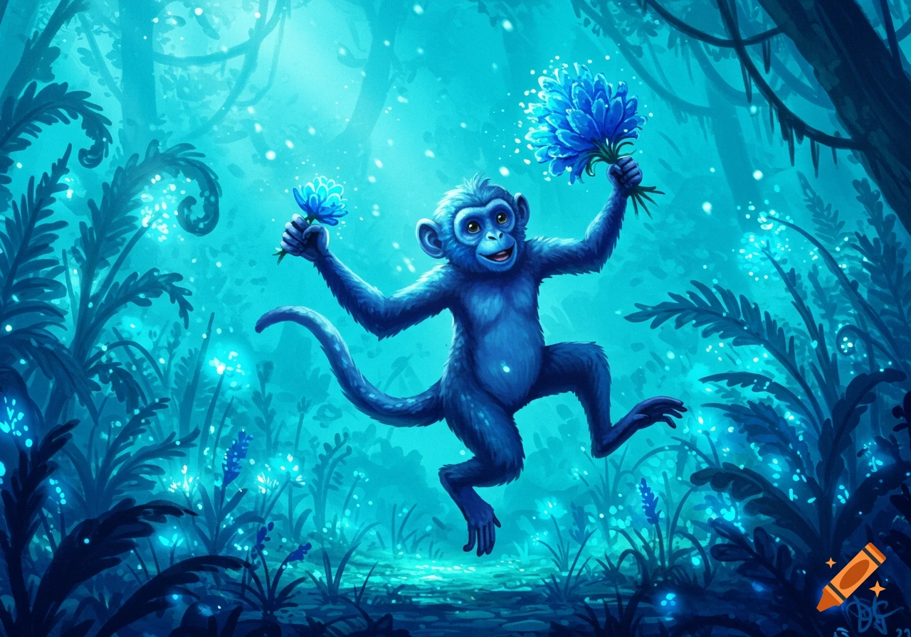 A happy blue monkey jumps and dances through a glowing blue jungle, holding a bouquet of blue flowers.