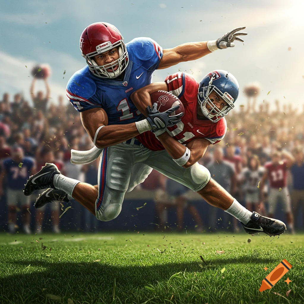 Two muscular football players in action on a sunny field, one in blue tackling another in red who clutches the ball, with spectators blurred in the background, in a dynamic, illustrative style.