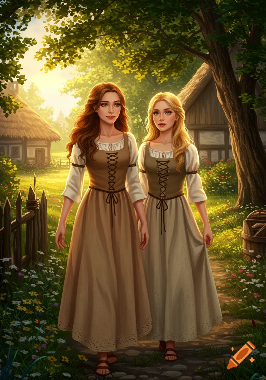 Two beautiful young women in medieval peasant dresses walk through a sunny, lush village path in an illustrative style.