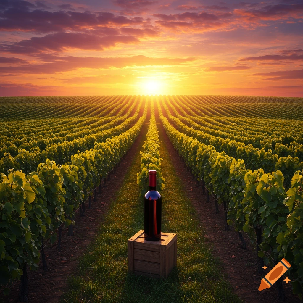 A dark wine bottle sits on a wooden crate in a vineyard, with rows of grapevines stretching toward a vibrant sunset.