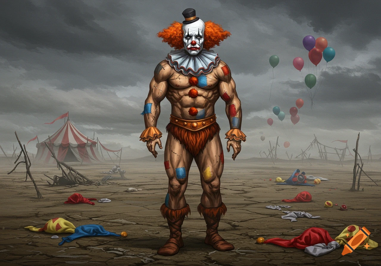 A muscular, sad clown with orange hair and face paint stands in a desolate, ruined circus landscape under a stormy sky.