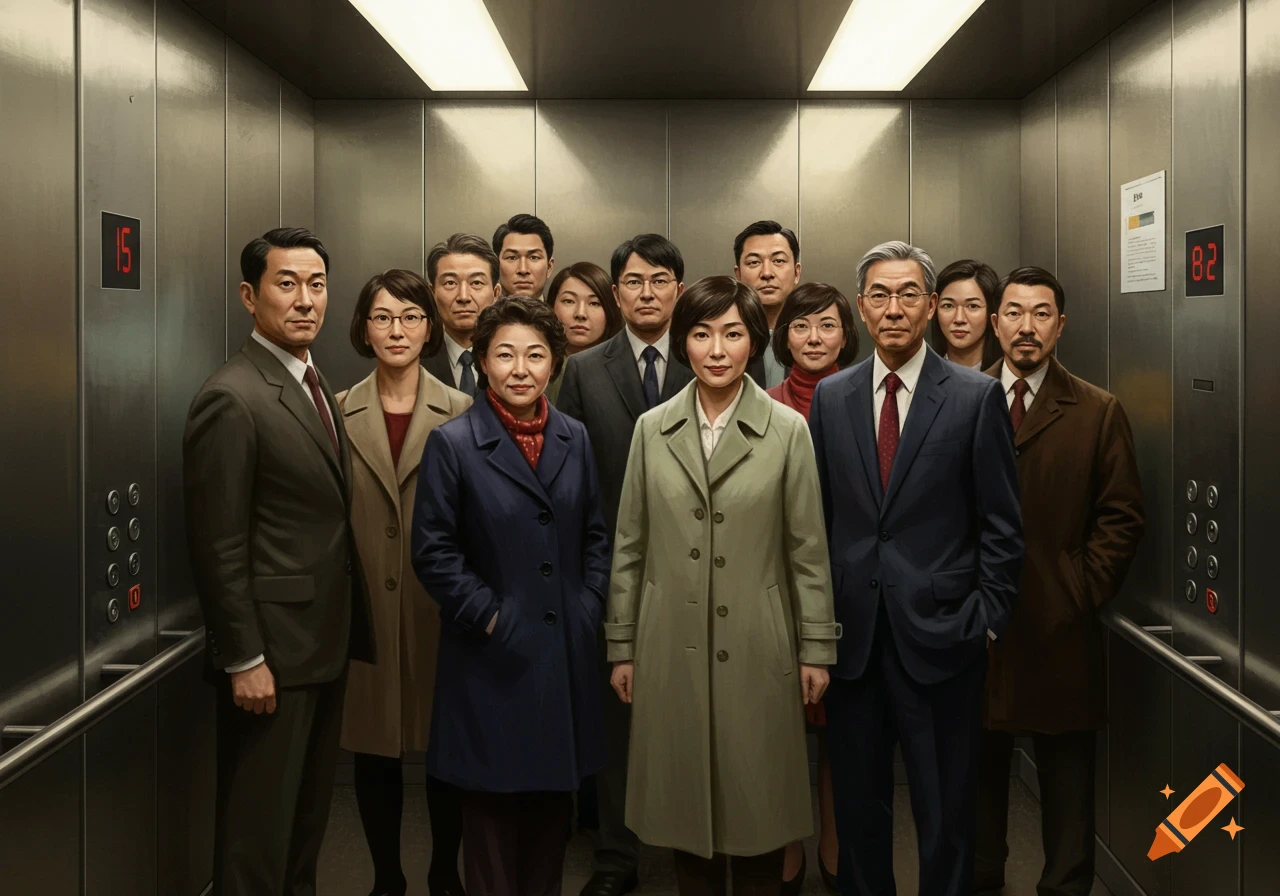 A group of diverse East Asian adults in business attire fills an elevator, looking straight ahead. The numbers 15 and 82 are visible. Photorealistic style.