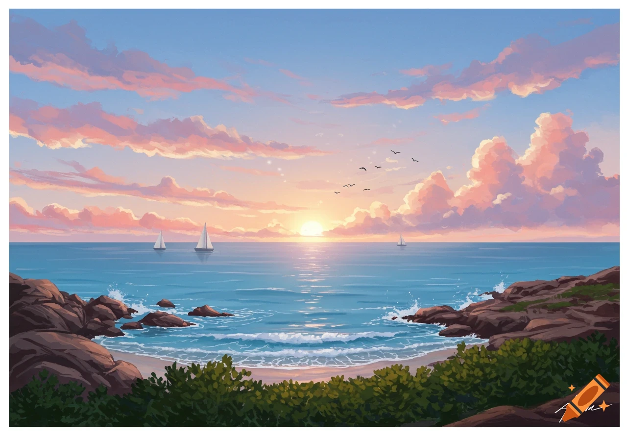 Stylized painting of a sunset over an ocean with sailboats, rocky shores, and lush green bushes, under a sky with pink and orange clouds.