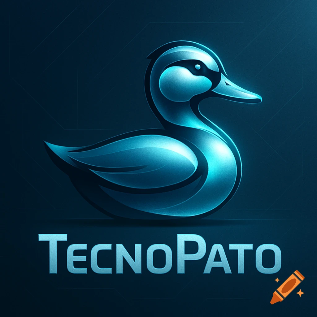 A glowing, metallic, blue-green stylized duck logo with the text 'TecnoPato' below it on a dark background.