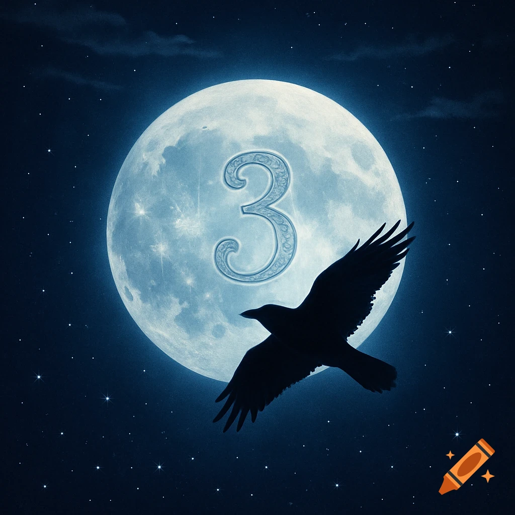 A large full moon with an ornate number 3, and a black crow flying against a star-filled dark blue night sky.