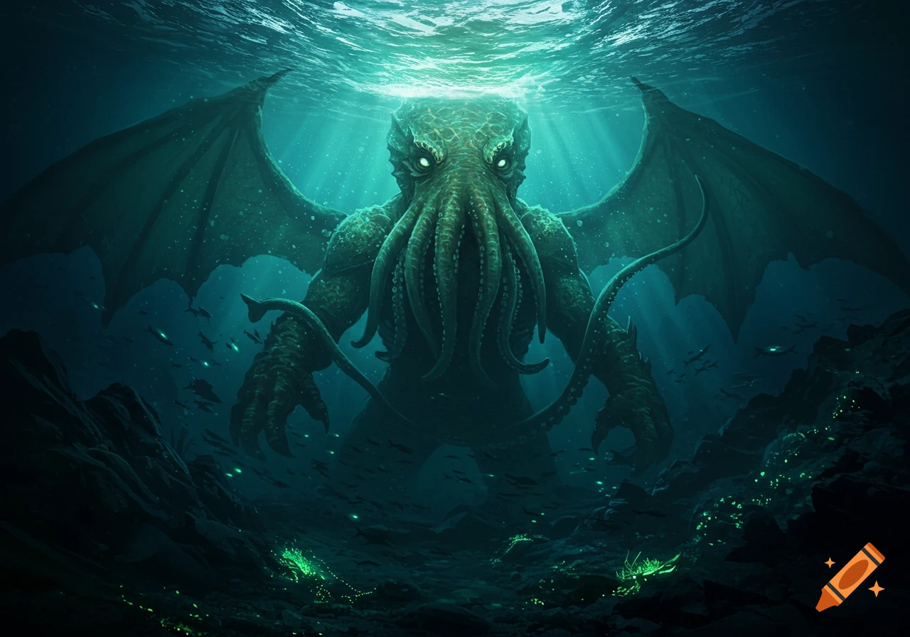 A monstrous, winged Cthulhu with tentacles for a face emerges from dark ocean depths, illuminated by rays from above.
