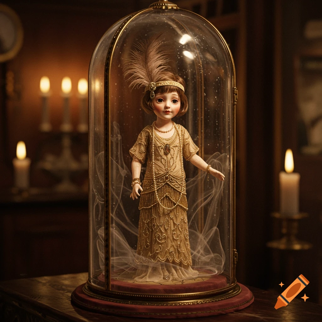 A lifelike 1920s flapper doll with a feathered headband and beaded dress stands inside a glass display dome, lit by soft candlelight in a dark room.