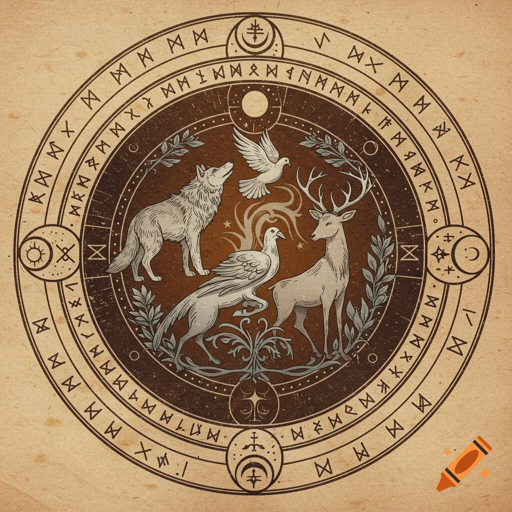 A round sigil with a wolf, deer, dove, and a bird arranged around a central plant motif, surrounded by mystical runes, on a parchment-like background.