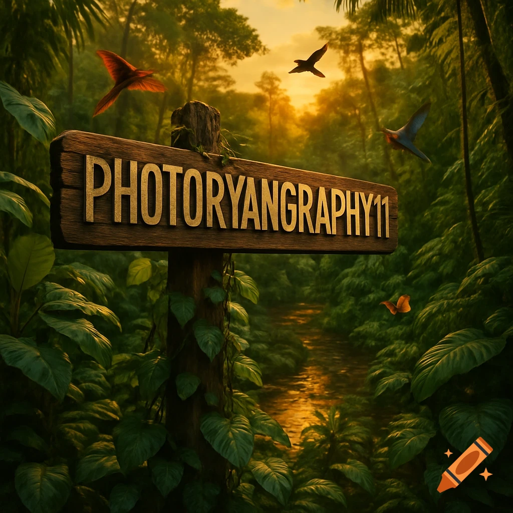 A wooden sign reading 'PHOTORYANGRAPHY11' stands in a lush, vibrant jungle at sunset, with birds and butterflies flying nearby.
