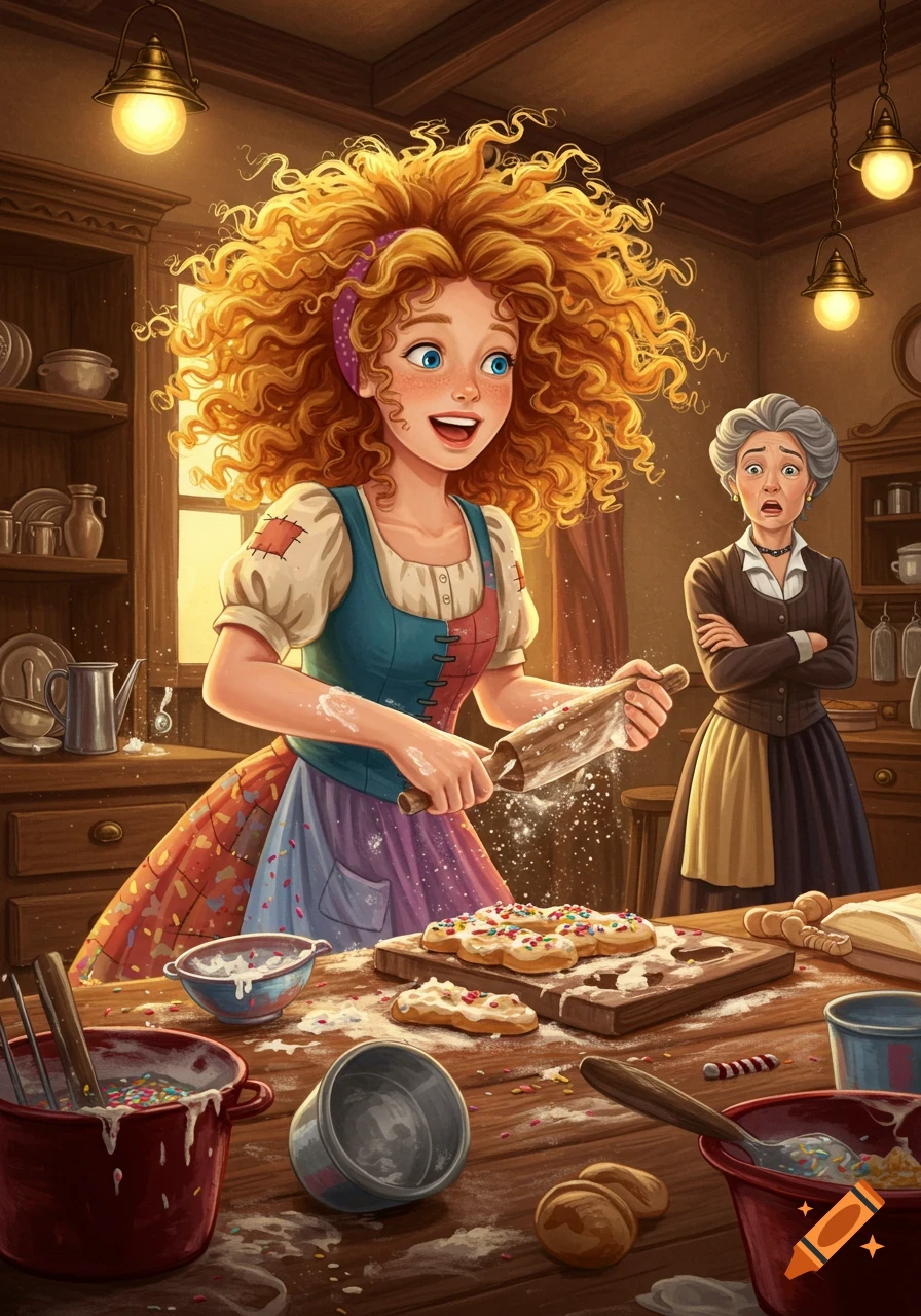 A young woman with wild red curly hair bakes messily with a rolling pin in a rustic kitchen, an older woman looks on in shock. Cartoon.