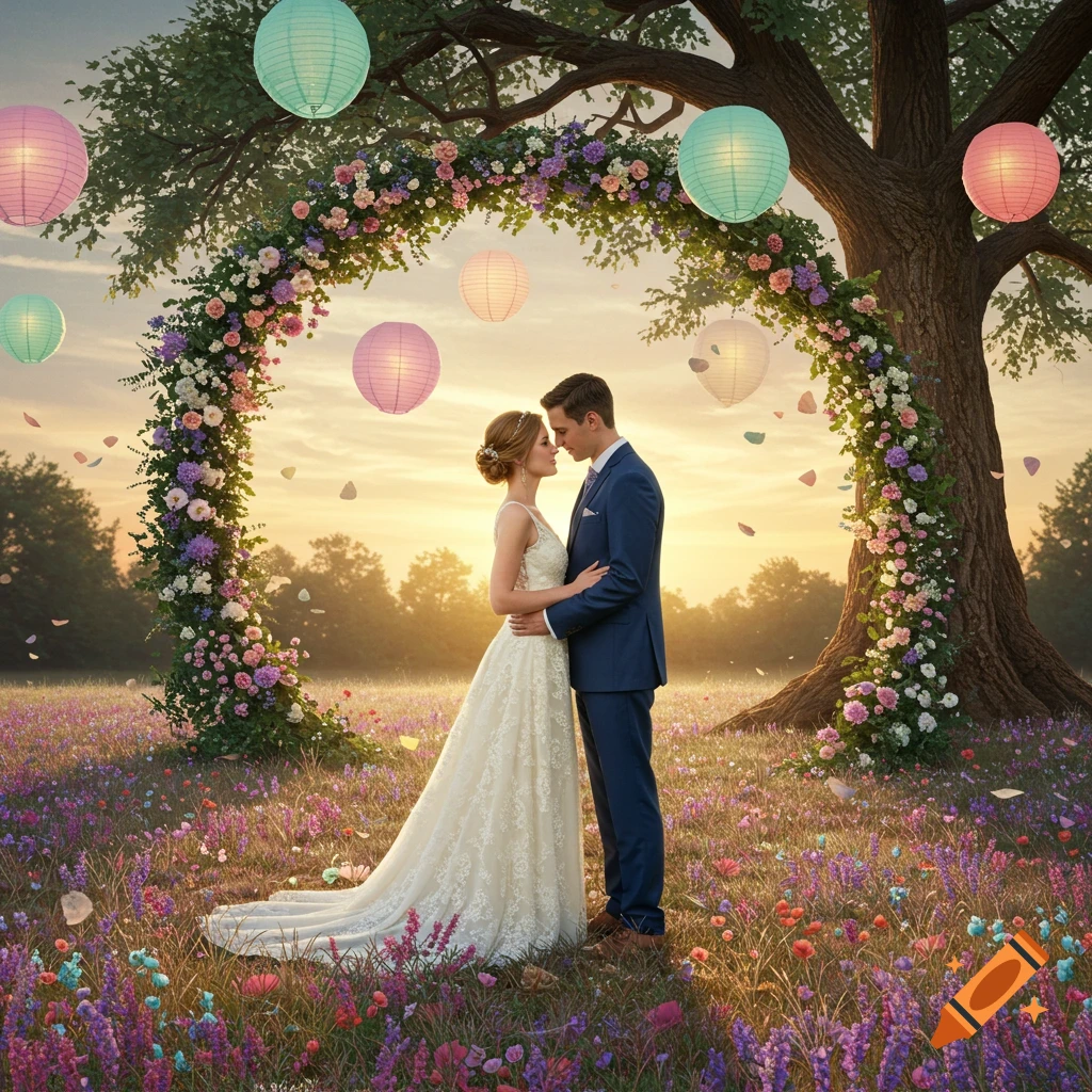A bride and groom embrace in a field of wildflowers under a flower-adorned tree with lanterns at sunset, photorealistic.