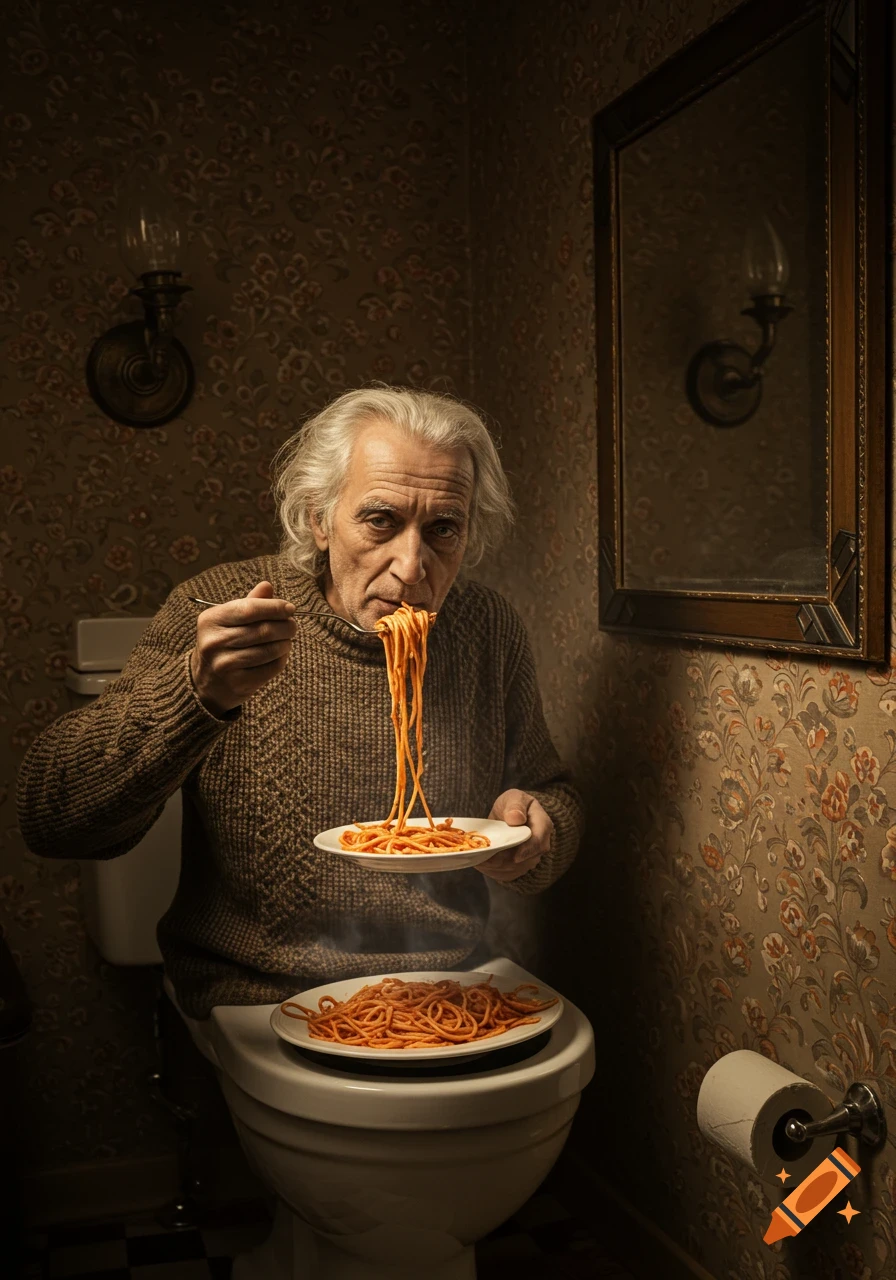 Old man with white hair eating spaghetti from a plate while sitting on a toilet in a dimly lit bathroom.