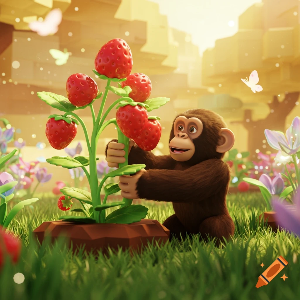 A cute cartoon chimpanzee holds a large strawberry plant in a bright, stylized garden with butterflies.