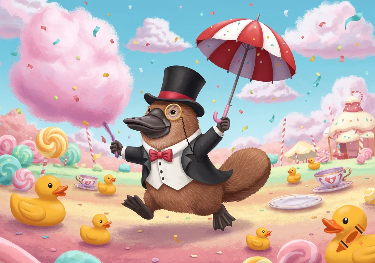 A dapper cartoon platypus in a top hat and suit walks through a whimsical candy land, holding cotton candy and an umbrella, surrounded by rubber ducks.