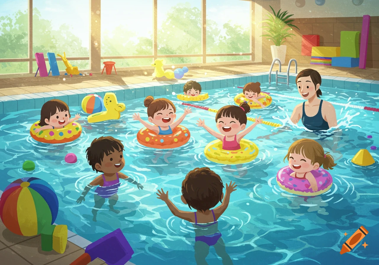 Colorful cartoon illustration of children and an adult learning to swim in an indoor pool with various toys.