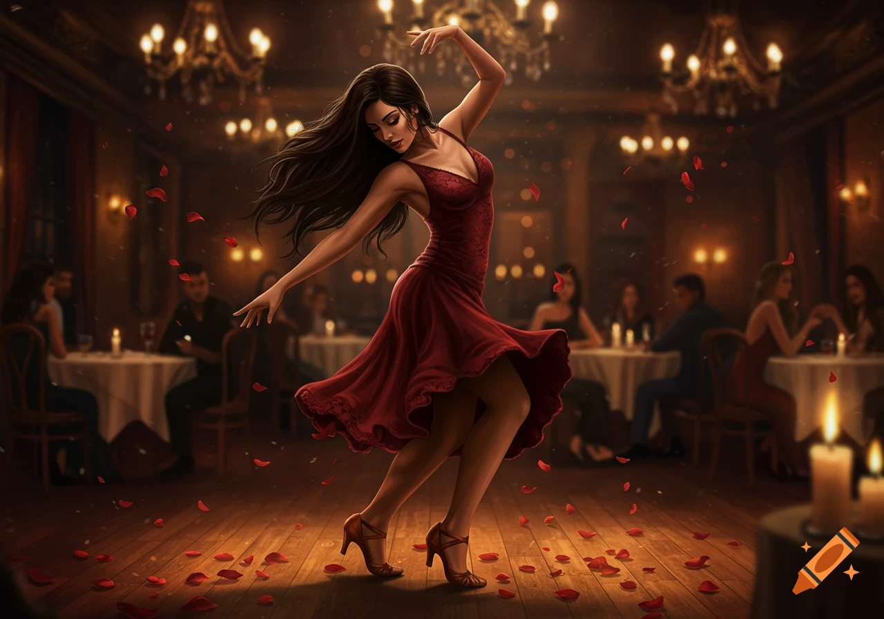 A digital painting of a woman in a red dress dancing gracefully, surrounded by rose petals in an elegant, dimly lit ballroom.