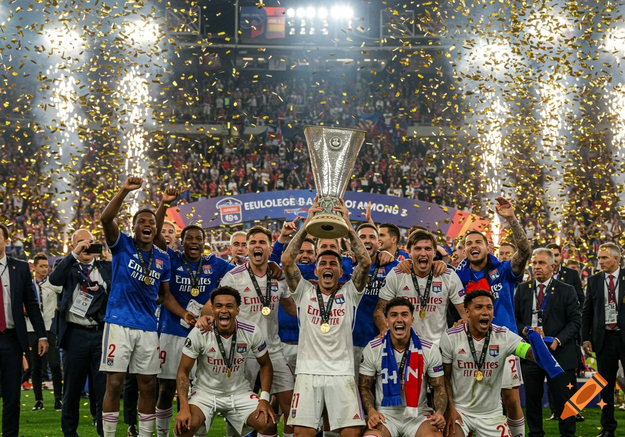 Soccer players in blue and white jerseys celebrate winning a trophy on a field, showered with golden confetti and fireworks.