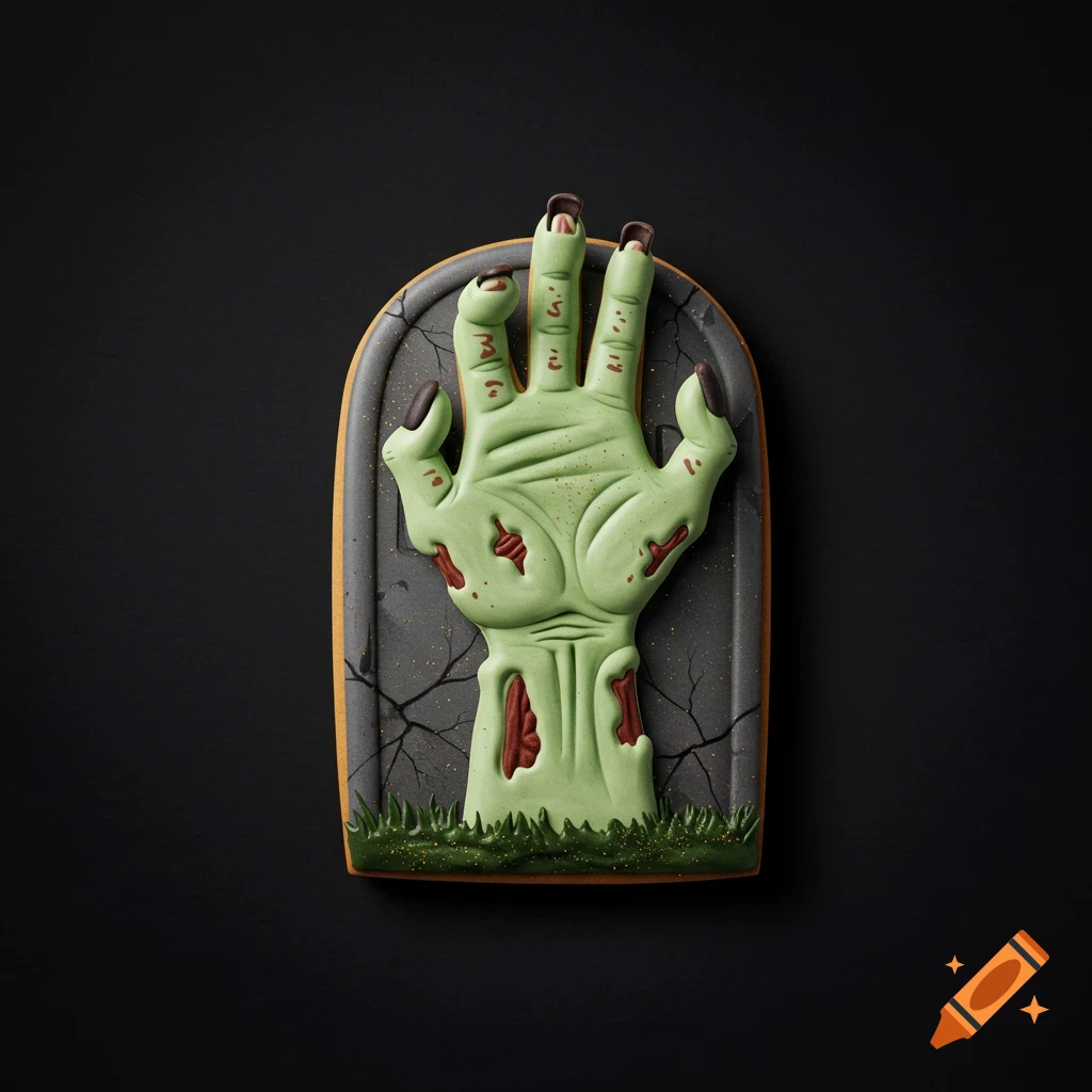 Flatlay of a Halloween sugar cookie shaped like a green zombie hand emerging from a cracked tombstone on a dark background.