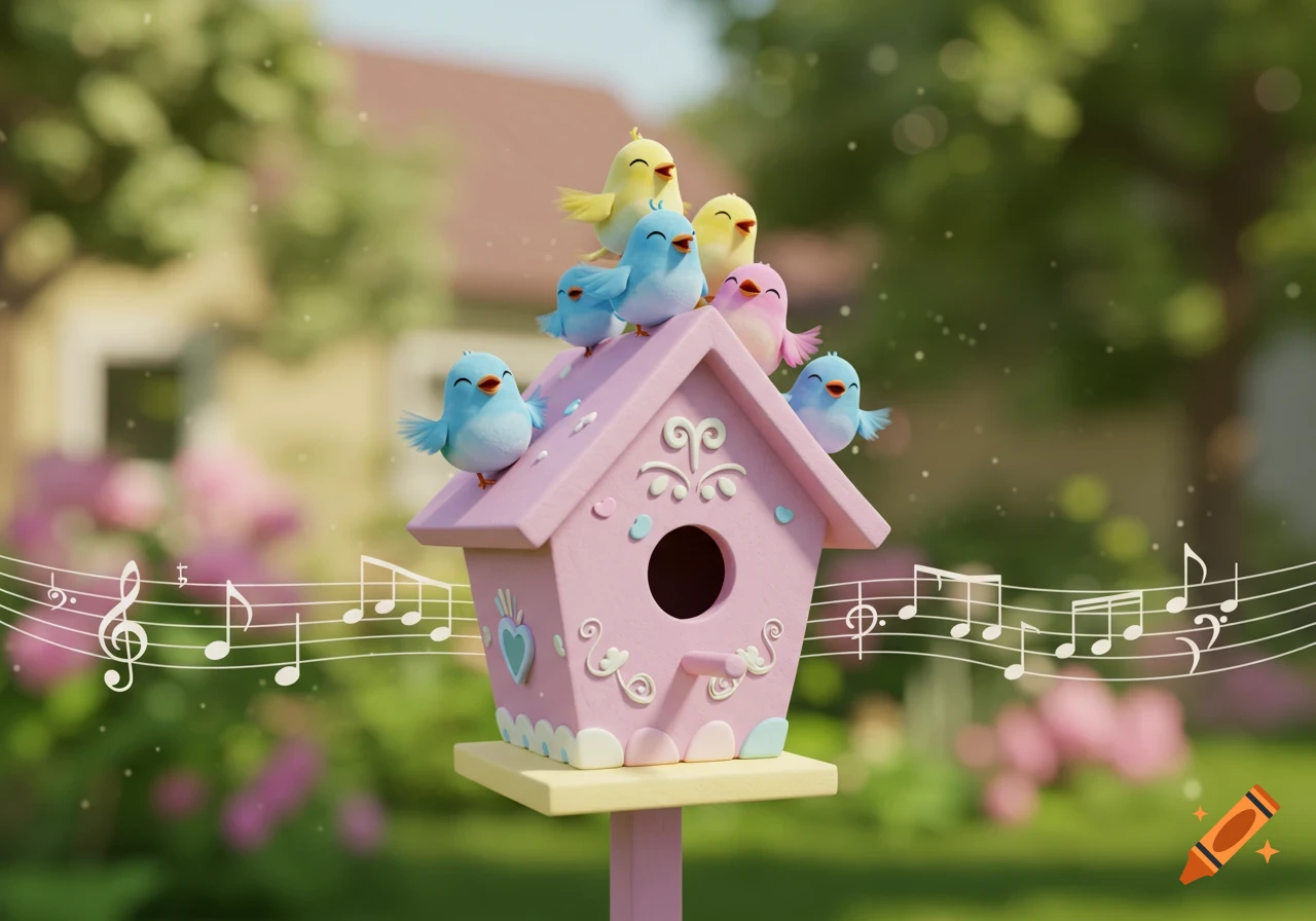 Seven cartoon birds, yellow, blue, and pink, perch on a pink birdhouse with musical notes floating around it in a sunny garden.