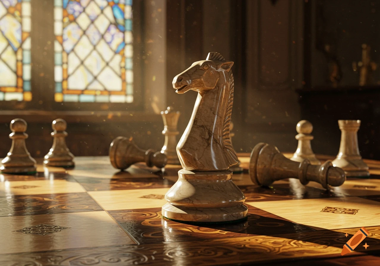 Close-up of a white marble chess knight on a wooden board, with other blurred chess pieces and a stained-glass window in the sunlit background.