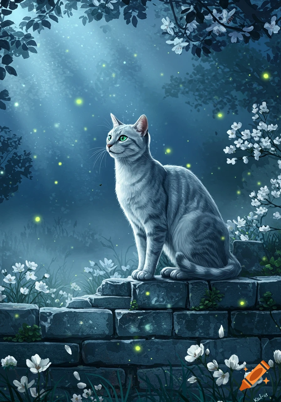 A grey tabby cat sits on a stone wall in a moonlit forest with glowing fireflies and white flowers, digital art.