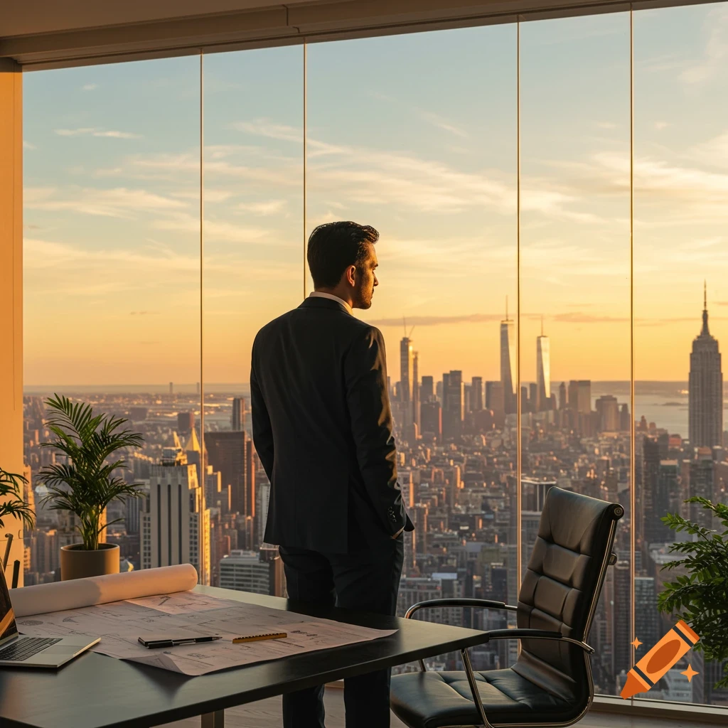 A man in a suit stands in a high-rise office, looking out a large window at a stunning city skyline bathed in sunset light.