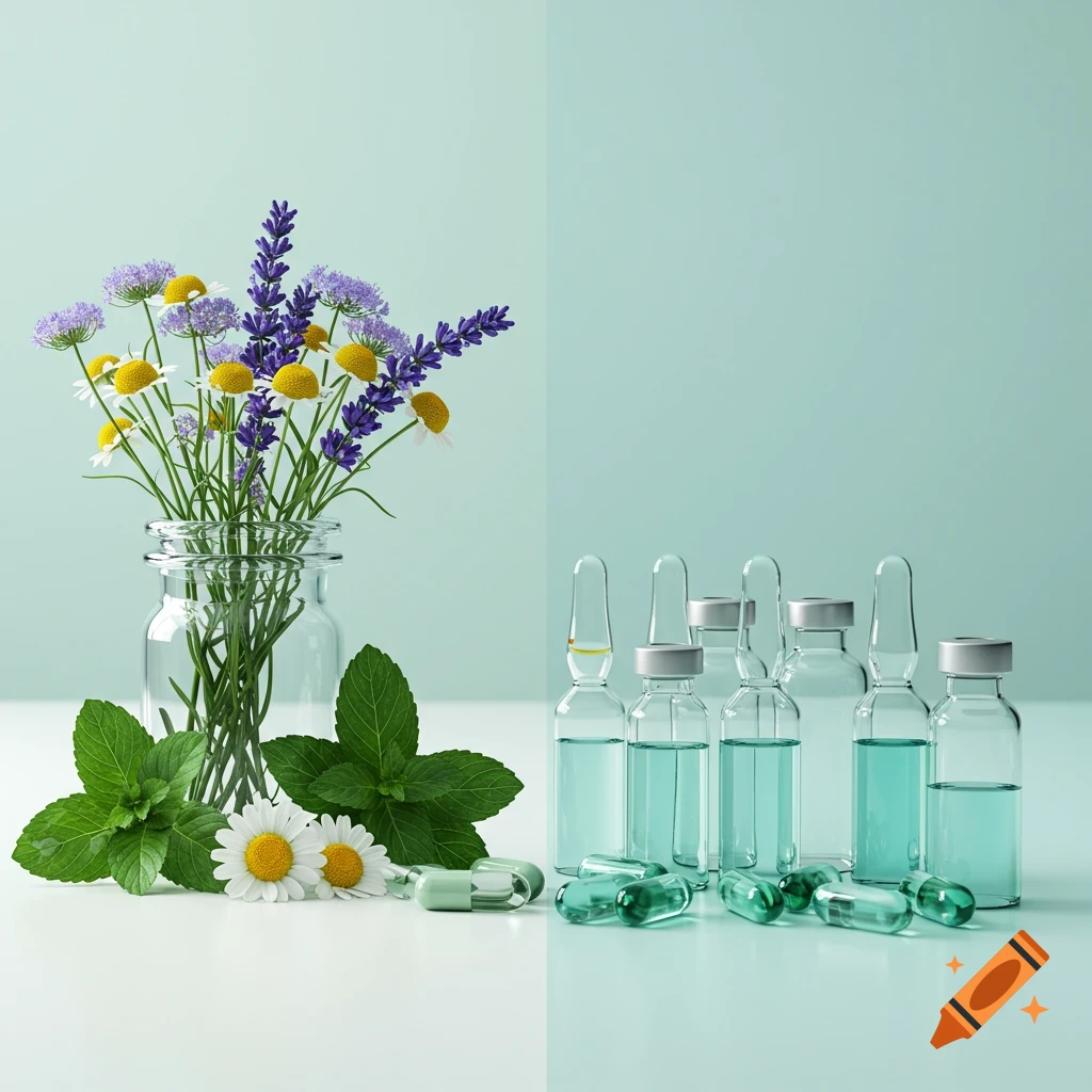 A photorealistic still life showing a vase of lavender and chamomile with mint leaves, daisies, green pills, and glass vials containing liquid.
