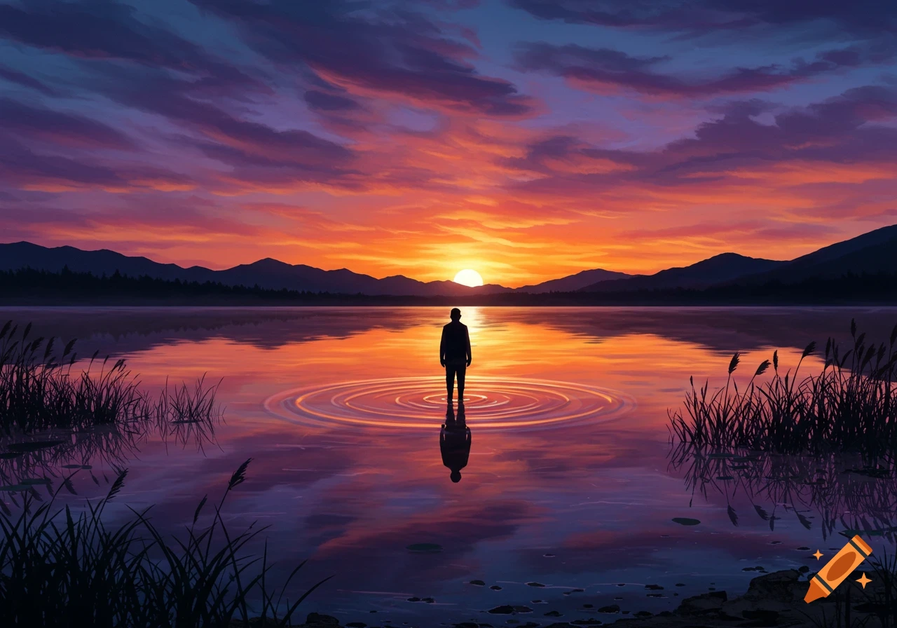 Digital painting of a lone figure standing in a lake at a vibrant orange and purple sunset, with mountains in the distance.
