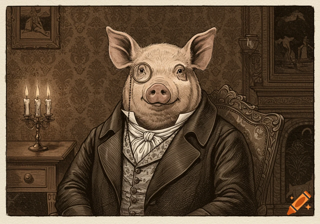Vintage etching illustration of a pig in a Victorian suit and monocle, seated in a parlor with patterned wallpaper and candles.