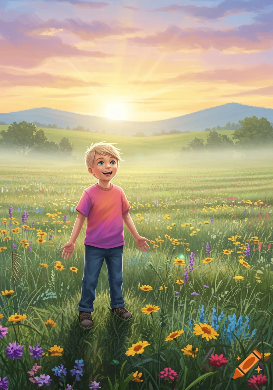 A happy young boy stands smiling in a vibrant wildflower meadow at sunset, illustrated.