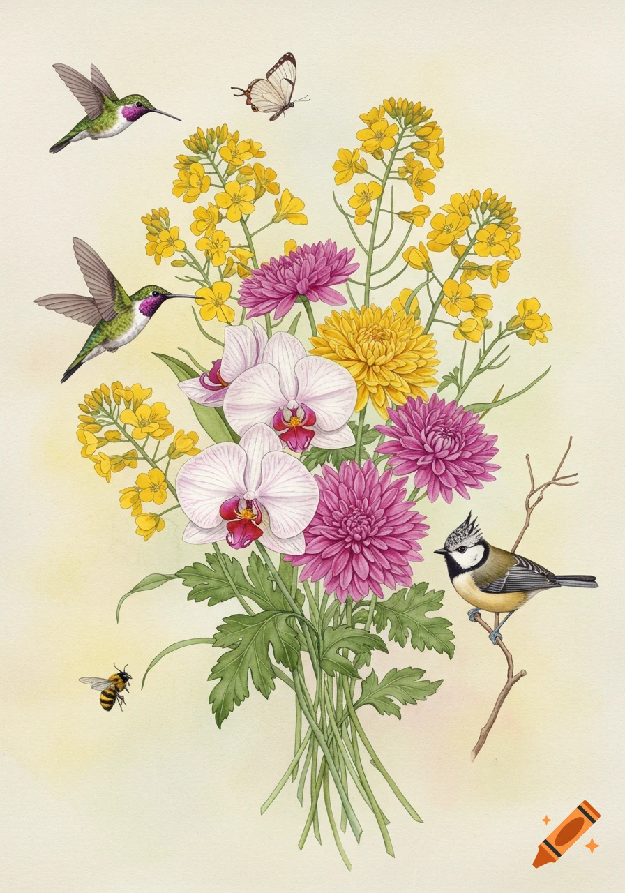 Watercolor illustration of a vibrant flower bouquet with rapeseed, orchids, chrysanthemums, hummingbirds, a crested tit, butterfly, and bee.