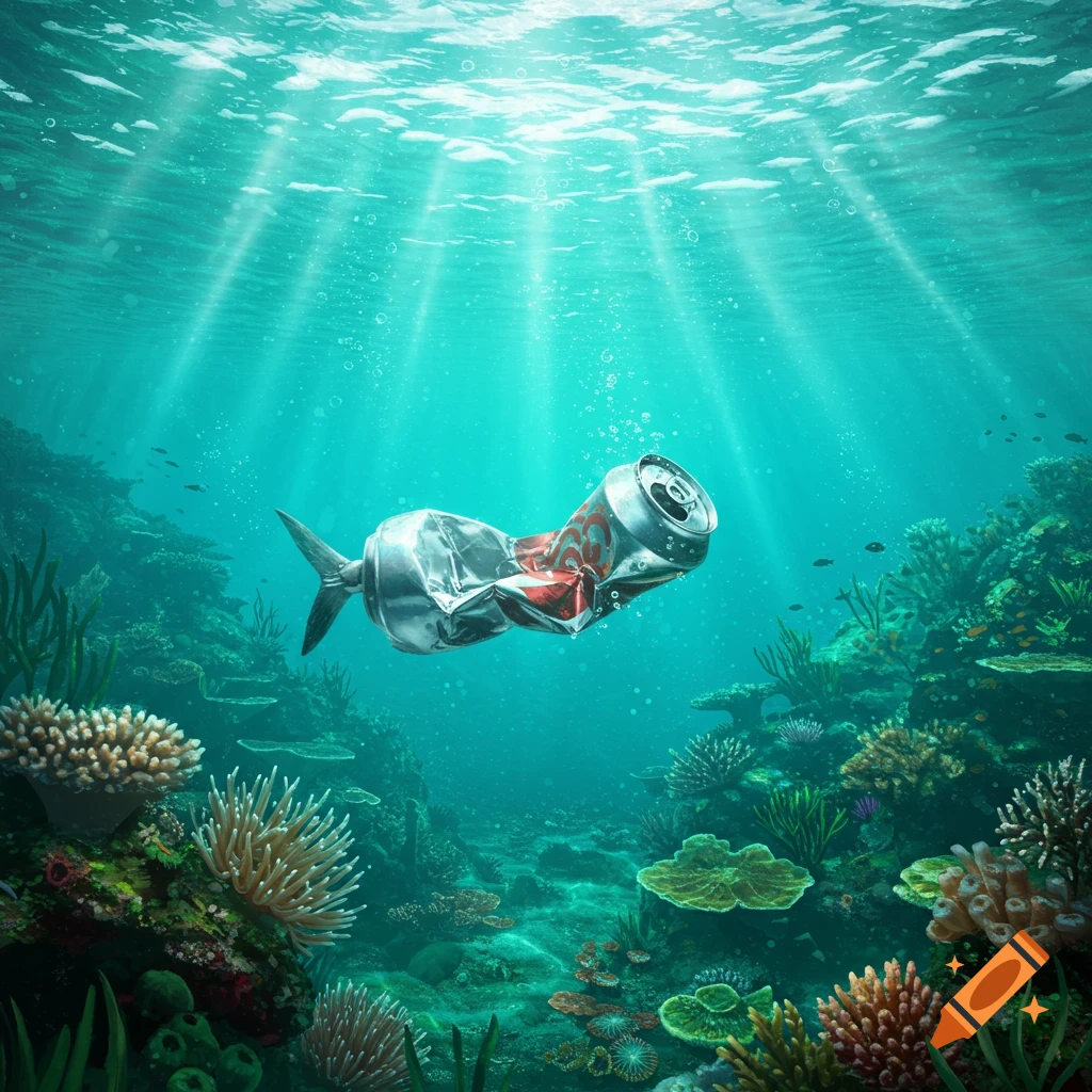 A crumpled soda can with a fish tail swims through a vibrant coral reef, sunlight streaming from above, symbolizing ocean pollution.