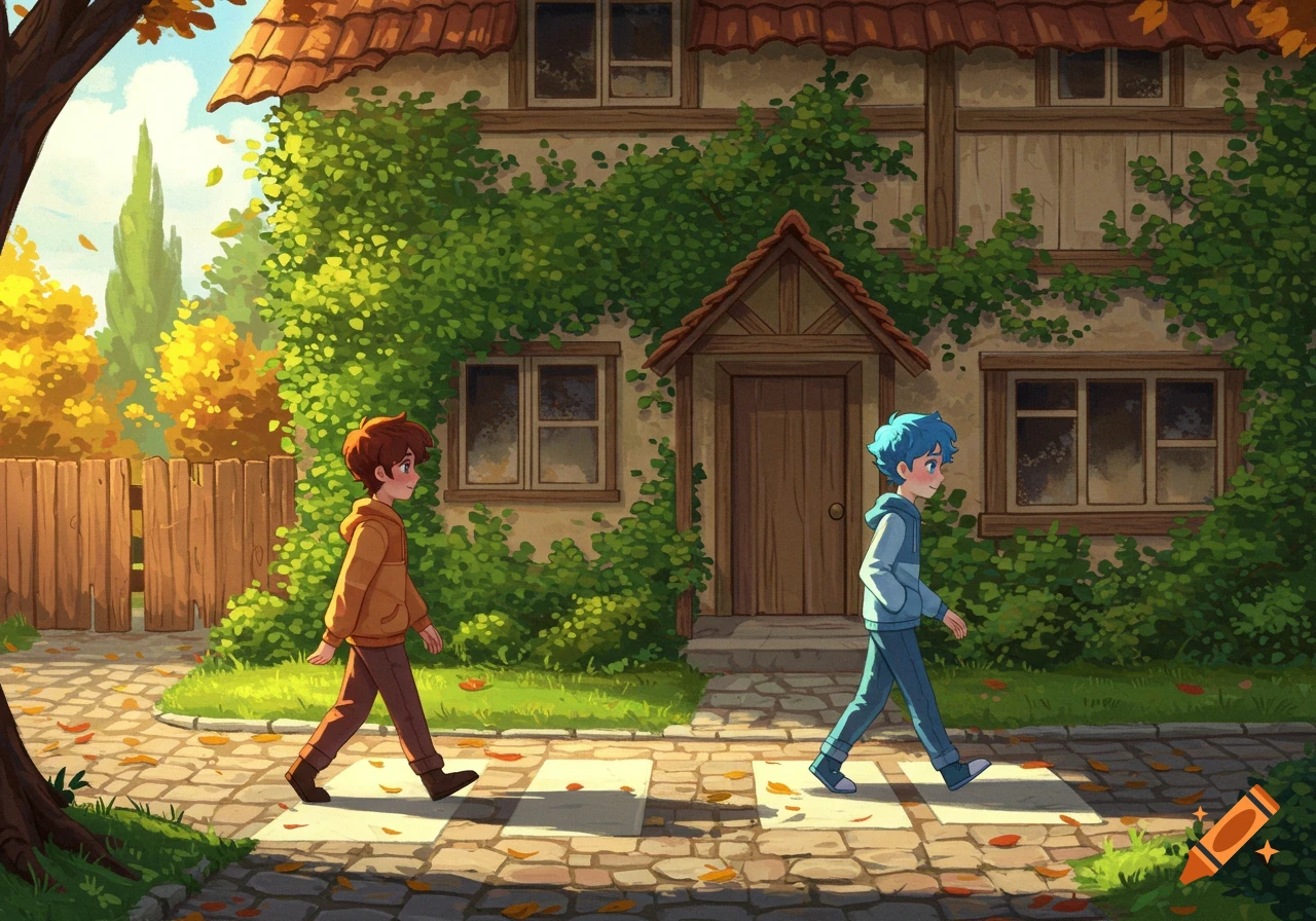 Two boys, one brown-haired and one blue-haired, walk on a crosswalk past a vine-covered house in a sunny cartoon style.
