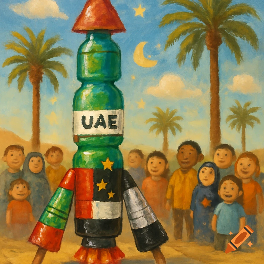 A folk art painting of a toy rocket in UAE flag colors, labeled "UAE", standing amidst a group of smiling children and palm trees under a sky with a crescent moon and stars.