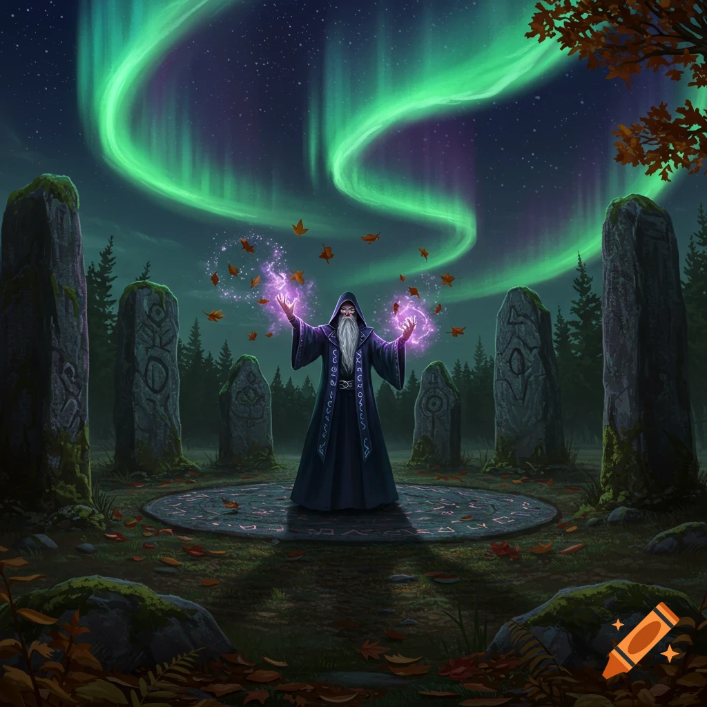 A white-bearded wizard in a dark robe stands in a circle of moss-covered ancient stones under a vibrant green aurora, performing magic with glowing hands and levitating autumn leaves.