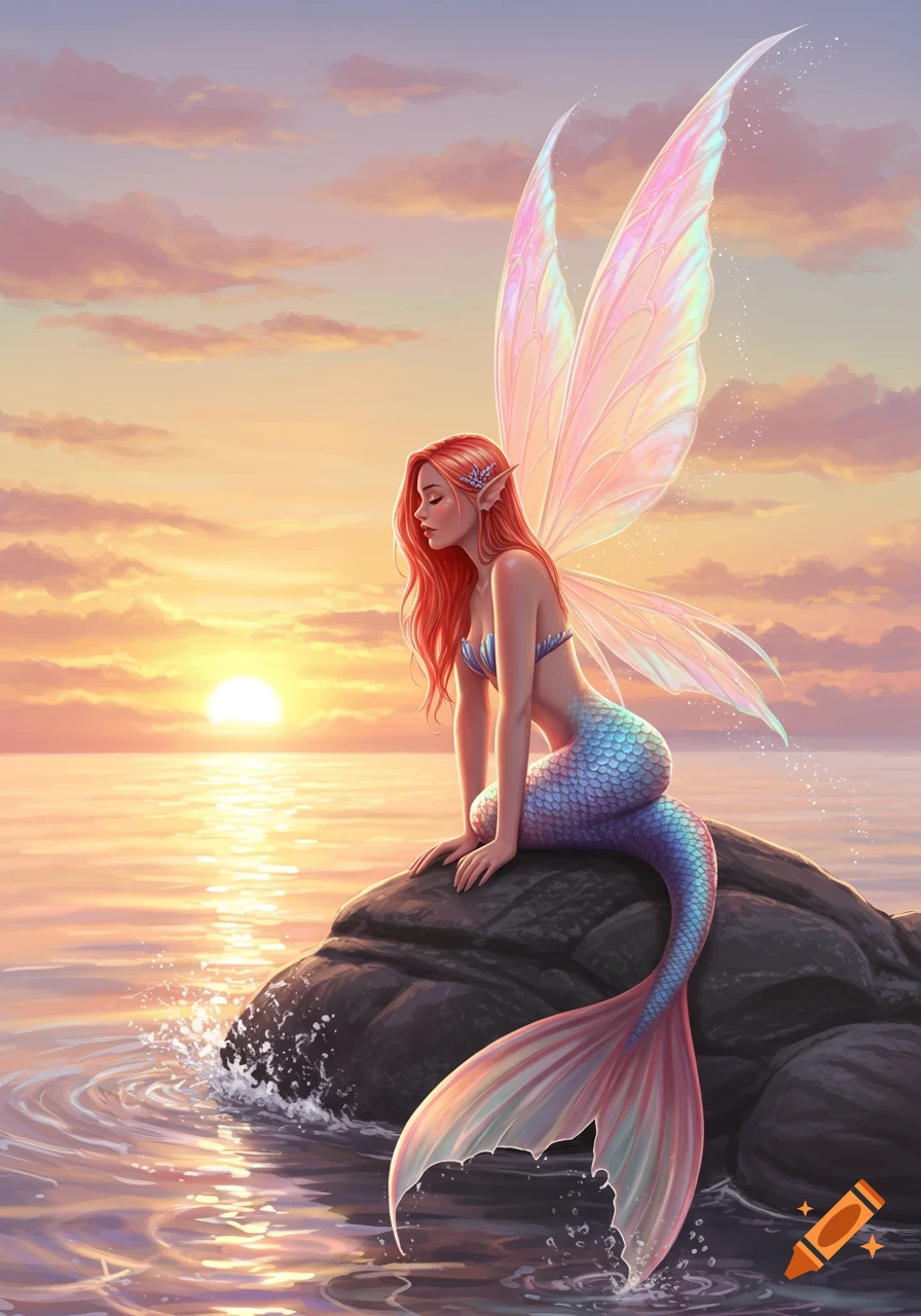 Mermaid fairy with red hair and iridescent wings sitting on a rock in the ocean at sunset.