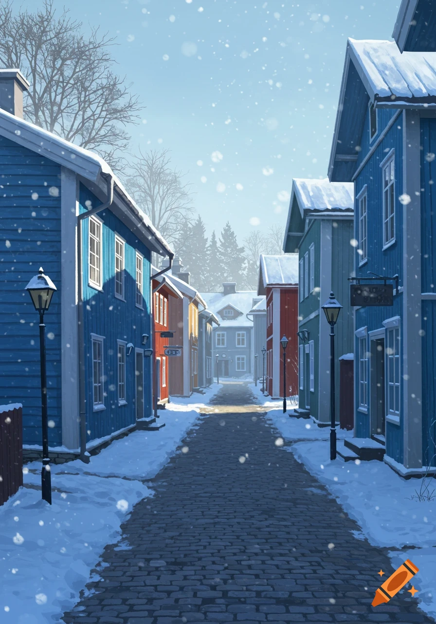 An illustrated snowy winter street scene with colorful wooden houses, a cobblestone path, and falling snow.