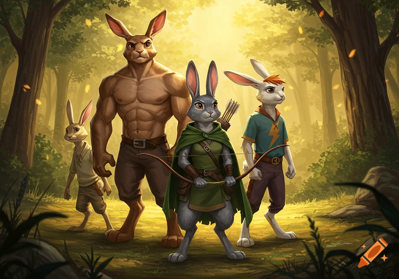 Four anthropomorphic rabbits, including a muscular one and an archer, stand in a sunlit fantasy forest.