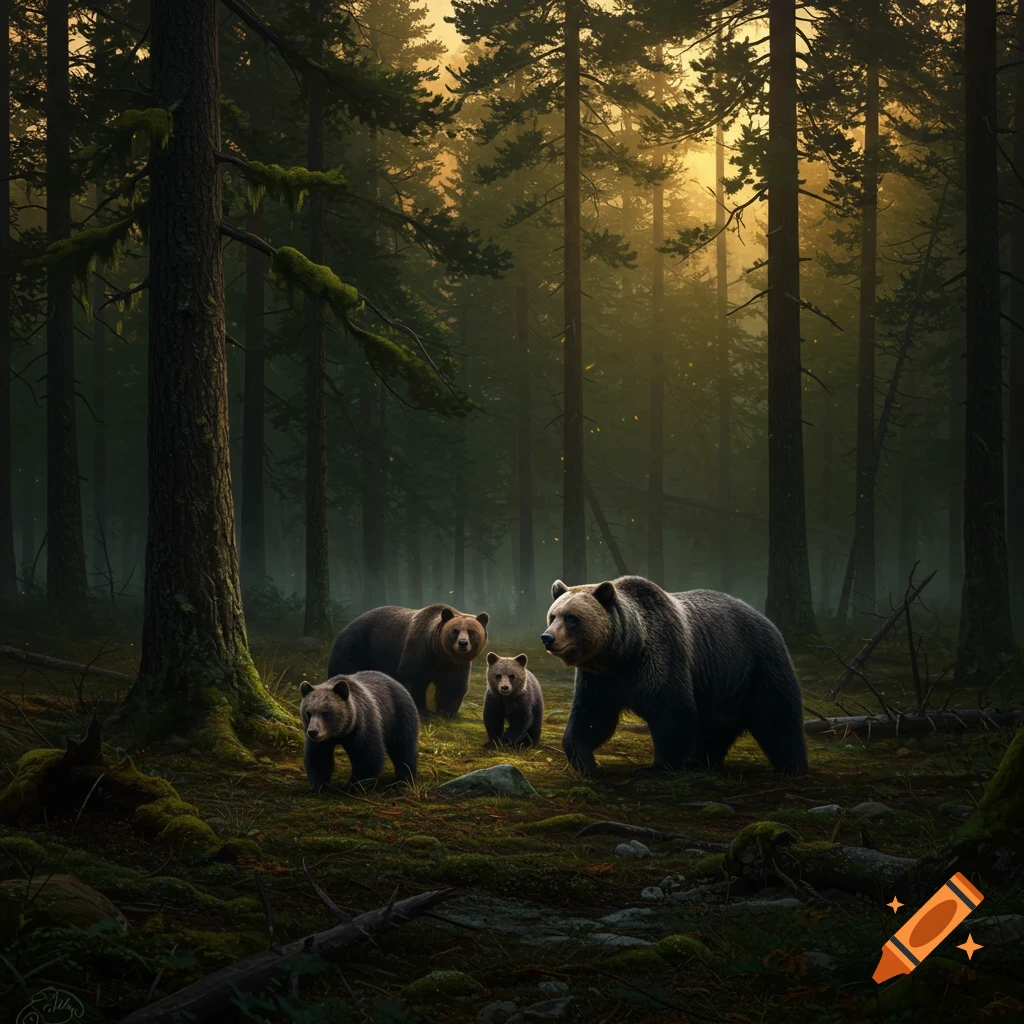 A family of four bears, two adults and two cubs, walk through a lush, sunlit forest in a photorealistic style.