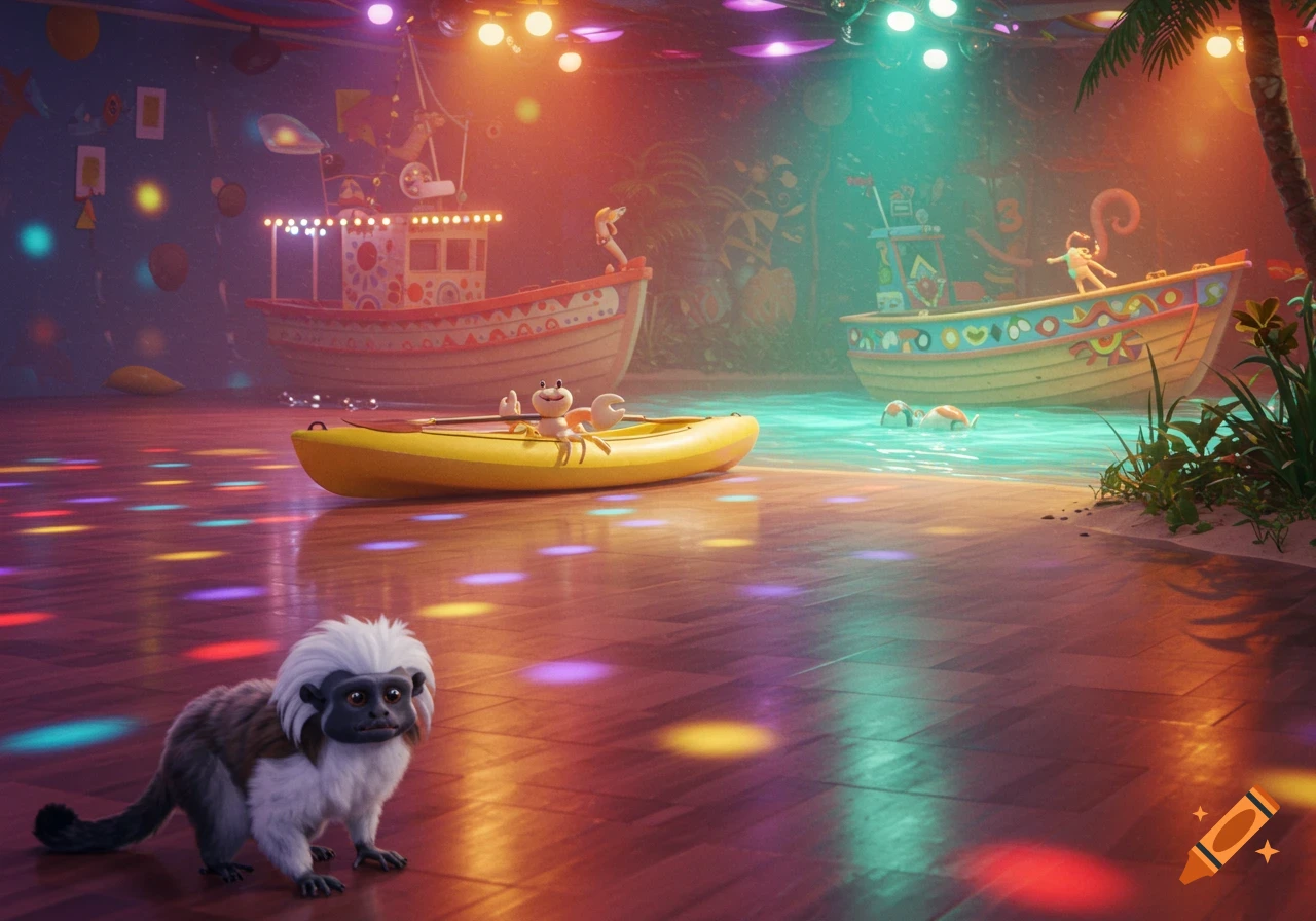 A whimsical scene with a cotton top tamarin on a disco floor next to a lagoon, a crab in a kayak, and a worm on a decorated boat.