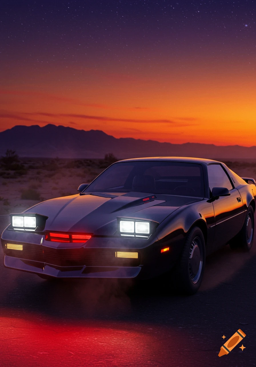 A black KITT-like car with pop-up headlights and a red scanner bar sits on a desert road at sunset with mountains in the background and a starry purple sky.