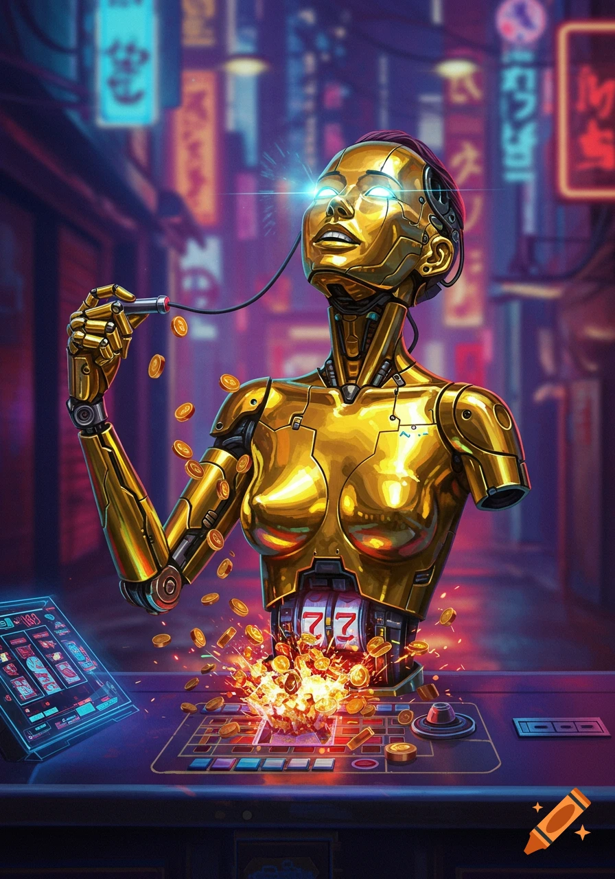 A golden robot woman's torso, with glowing eyes, has a slot machine in her waist exploding with coins and fire. She holds a gambling lever in her hand. Cyberpunk city background.