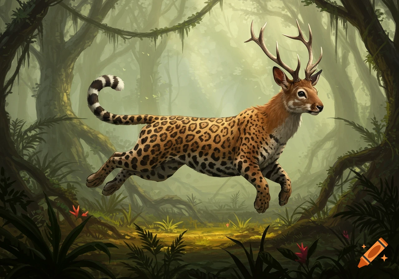 A majestic mythical creature with a deer head and antlers, a jaguar-spotted body, and a striped tail leaps through a lush, misty jungle.