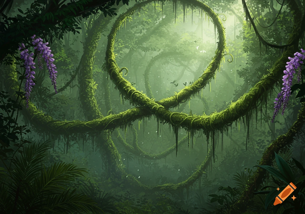 Lush, verdant jungle scene with thick, moss-covered lianas winding through the canopy, dappled sunlight, and purple flowers.