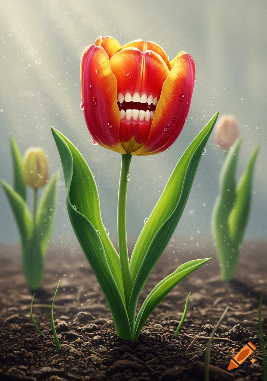 Photorealistic image of a red and yellow tulip with human teeth in its bloom, covered in water droplets, growing in soil.