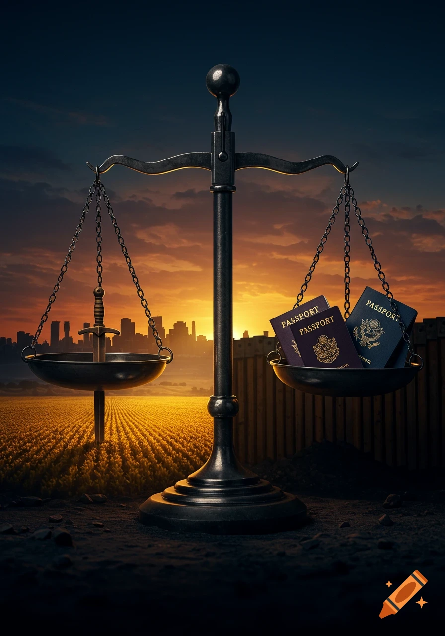 Photorealistic image of a scale of justice, balancing a sword against multiple passports, set at sunset with a city and field.