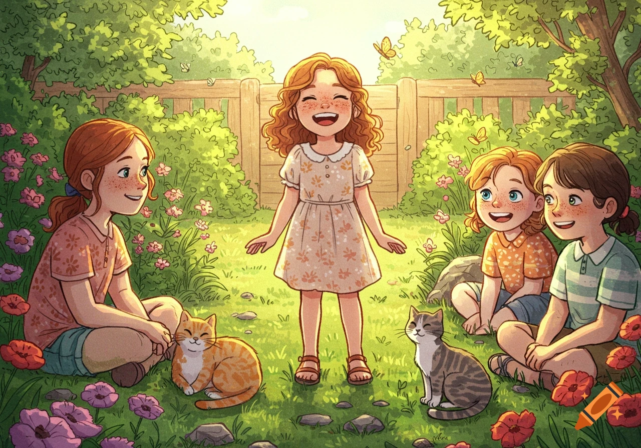 Storybook illustration of a cheerful girl laughing in a sunny garden with friends, cats, and colorful flowers.